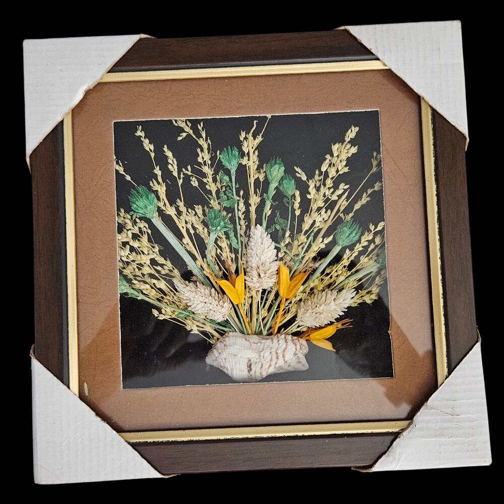 Vintage Framed Dried Floral Arrangement Botanical Shadow Box Wall Art